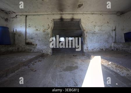 Leere Scheune in einem verlassenen Herrenhaus mit Sonnenstrahl in den Raum, auf dem italienischen Land Stockfoto