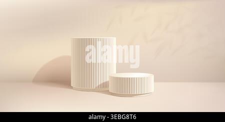 Beige bg Produktpodium, weicher Pflanzengobo-Überzug. 3D-Marmorplattform in cremefarbenem Studio, Schatten von Blattbäumen. Weiße, geriffelte elegante Säule, Zylinder Stock Vektor