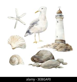 Set am Meer. Aquarellabbildungen. Möwe, Leuchtturm, Felsen, Muscheln, Sternenfische Stockfoto