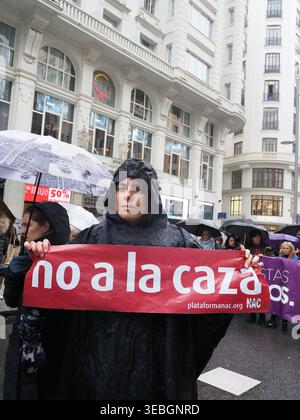 Hunderte von Demonstranten marschieren durch die Straßen Madrids als Teil einer landesweiten Demonstration, die vom Kollektiv No a la Caza (NAC) organisiert wird. Die Kundgebung, die zeitgleich mit dem Welthundtag stattfindet, fordert ein Ende der Jagd in Spanien und den Schutz von Jagdhunden, insbesondere galgos und Podencos, vor Verlassenheit und Missbrauch. Die Demonstranten trugen Banner und wurden von ihren Haustieren begleitet, um strengere Tierschutzgesetze zu fordern. Madrid, Spanien. Stockfoto