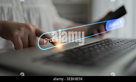 Eine Frau interagiert mit einem Laptop in einem modernen Arbeitsbereich und bereitet sich auf die Erstellung von Inhalten vor. Sanfte Beleuchtung und neutrale Töne schaffen eine ruhige Atmosphäre für Stockfoto