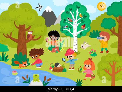 Horizontaler Zeichentrickhintergrund mit süßen Kindern, die Wälder erkunden. Natur Waldlandschaft mit Bäumen, Pflanzen, Vögeln, Tieren. Tierwelt mit Stock Vektor