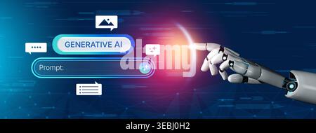 Generative AI Prompt Interface Konzept zur Erstellung von Inhalten. Prompt Design, KI Prompt Engineering, Workflow, Eingabeaufforderungen für Text, Bild und KI Stockfoto