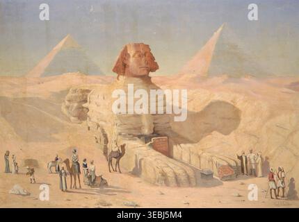 Historisches Bild der Großen Sphinx in Gizeh von George E. Raum, 1896, das die monumentale ägyptische Statue mit Pyramiden im Hintergrund und Figuren in der Wüstenlandschaft darstellt. Stockfoto