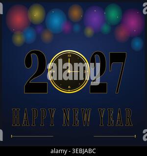 Elegante Grußkarte für das neue Jahr 2027 mit goldenem Countdown in die Typografie mit verschwommenen bunten Bokeh-Lichtern und Stock Vektor