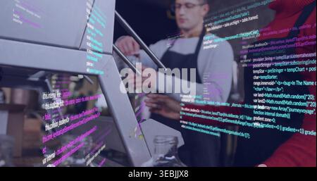 Zubereitung des Café-Barista in dunkler Schürze hinter dem Gebäckkasten, Bedienung von Espresso, POS, Code-Overlay Stockfoto
