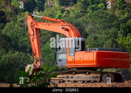 Ein orangefarbener Baubagger parkt auf einer unbefestigten Stelle vor einem üppig grünen Waldgrund Stockfoto