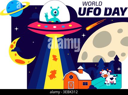 Welt UFO Tag Vektor Illustration Alien Raumschiff Abduktionsszene im Weltraum mit Planeten Night Sky Sci Fi Thema modernes flaches Design Stock Vektor