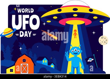 Welt UFO Tag Vektor Illustration Alien Raumschiff Abduktionsszene im Weltraum mit Planeten Night Sky Sci Fi Thema modernes flaches Design Stock Vektor