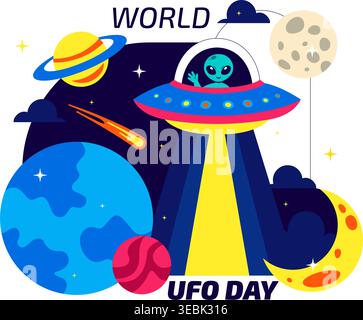 Welt UFO Tag Vektor Illustration Alien Raumschiff Abduktionsszene im Weltraum mit Planeten Night Sky Sci Fi Thema modernes flaches Design Stock Vektor
