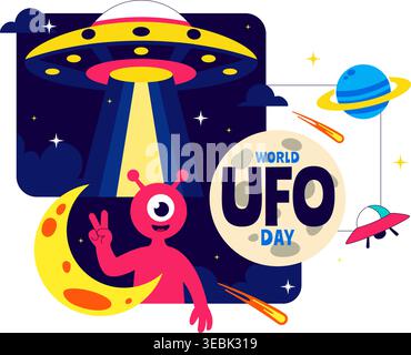 Welt UFO Tag Vektor Illustration Alien Raumschiff Abduktionsszene im Weltraum mit Planeten Night Sky Sci Fi Thema modernes flaches Design Stock Vektor
