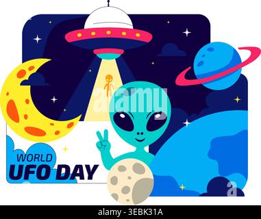 Welt UFO Tag Vektor Illustration Alien Raumschiff Abduktionsszene im Weltraum mit Planeten Night Sky Sci Fi Thema modernes flaches Design Stock Vektor