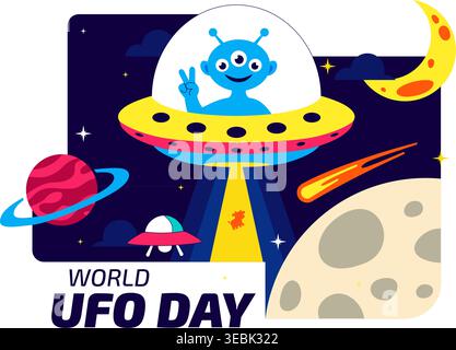 Welt UFO Tag Vektor Illustration Alien Raumschiff Abduktionsszene im Weltraum mit Planeten Night Sky Sci Fi Thema modernes flaches Design Stock Vektor