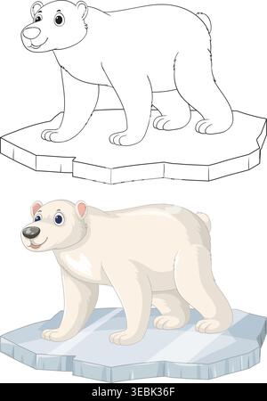Cartoon Eisbär auf Eisscholle in schwarzen Umrissen und farbigen Vektorstilen zur Verfügung gestellt Stock Vektor