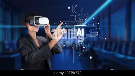 Eine Geschäftsfrau interagiert mit Virtual-Reality-Technologie, während sie ein Headset trägt, und präsentiert Konzepte der künstlichen Intelligenz in einem eleganten, modernen Design Stockfoto