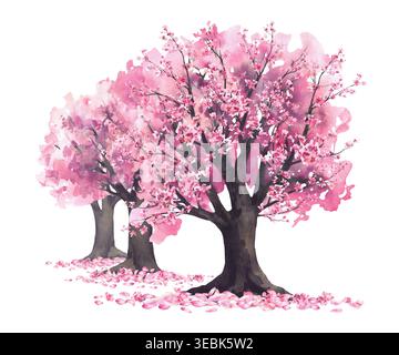 Aquarellblühende Sakura-Bäume mit zarten rosa Kirschblüten und fallenden Blütenblättern. Handgemalte asiatische Landschaftsillustration isoliert von Stockfoto