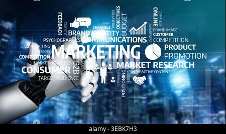 Eine futuristische Darstellung von Marketingkonzepten mit Roboterhand und verschiedenen Textelementen, die wichtige digitale Strategien für veranschaulichen Stockfoto
