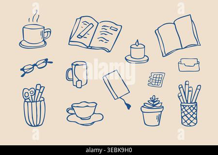 Handgezeichnetes Doodle Cozy Workspace-Objekt Set mit Büchern, Kaffee und Schreibwaren Stock Vektor