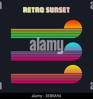 Farbenfroher Sonnenuntergang im Vintage-Stil. Verschiedene gestreifte Sonnenaufgangsabzeichen im Stil der 80er und 90er Jahre. Blick auf Sonne und Meer, Sommerstimmung, Surfen. Designelement für Stock Vektor