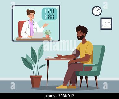 Illustration eines dunkelhäutigen Mannes zu Hause, der den Blutdruck während eines Telemedizin-Termins überprüft. Eine Ärztin erscheint auf dem Bildschirm und führt ihn durch Stock Vektor