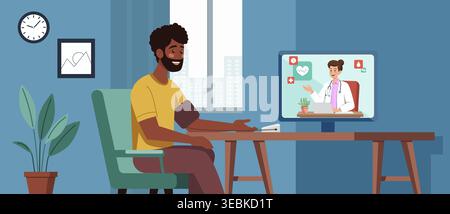 Illustration eines dunkelhäutigen Mannes zu Hause, der den Blutdruck während eines Telemedizin-Termins überprüft. Eine Ärztin erscheint auf dem Bildschirm und führt ihn durch Stock Vektor