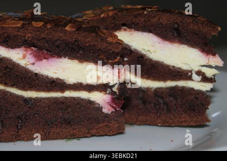 Schokoladenkuchen liegen auf einem Teller. Der Kuchen besteht aus Sahne und Marmelade. Es wird an einem Desserttisch während einer Geburtstagsfeier mit Pommes frites serviert Stockfoto