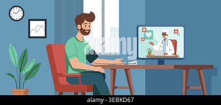 Illustration eines jungen Mannes zu Hause bei Blutdruckmessung im Rahmen einer telemedizinischen Online-Sprechstunde. Ein leitender Arzt erscheint auf dem Bildschirm, Provid Stock Vektor