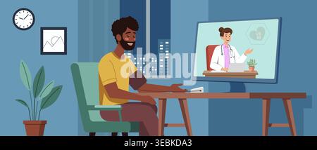 Illustration eines dunkelhäutigen Mannes zu Hause, der den Blutdruck während eines Telemedizin-Termins überprüft. Eine Ärztin erscheint auf dem Bildschirm und führt ihn durch Stock Vektor