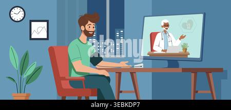 Illustration eines jungen Mannes zu Hause bei Blutdruckmessung im Rahmen einer telemedizinischen Online-Sprechstunde. Ein leitender Arzt erscheint auf dem Bildschirm, Provid Stock Vektor