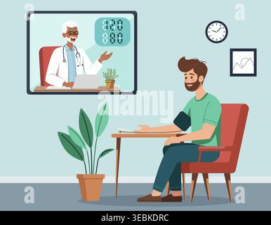 Illustration eines jungen Mannes zu Hause bei Blutdruckmessung im Rahmen einer telemedizinischen Online-Sprechstunde. Ein leitender Arzt erscheint auf dem Bildschirm, Provid Stock Vektor
