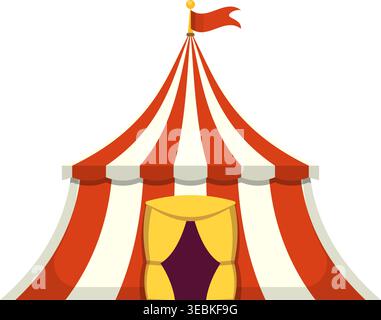 Flache Vektorillustration eines klassischen roten und weißen Zirkuszelt mit Flagge, isoliert auf weißem Hintergrund. Perfekt für Karnevalsthemen und Festivaldesigns Stock Vektor