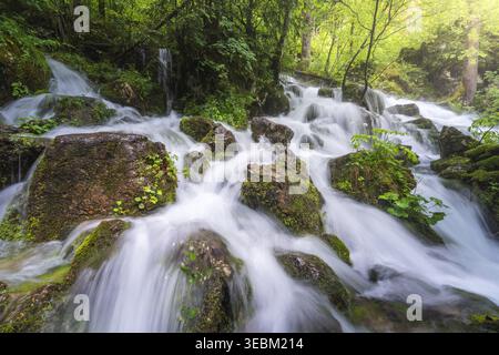 Blick auf das weiße Wasser kaskadiert über dunklen, moosigen Felsen, die durch einen grünen Wald im Sonnenlicht fließen, Stahovica, Kamnik, Slowenien. Stockfoto
