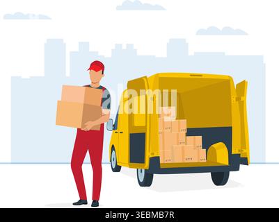 Zustellkurier, der Kisten aus einem gelben Transporter in einer städtischen Umgebung transportiert und Logistik-, Versand- und Transportdienstleistungen repräsentiert. Stock Vektor