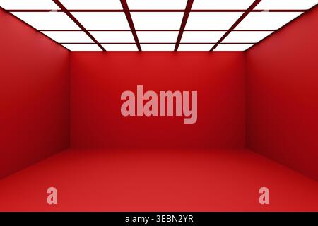 Moderner, futuristischer roter Raum mit beleuchteten Deckenpaneelen, der einen schlanken, abstrakten Raum für Produktdisplays, virtuelle Bühnen oder kreative Background schafft Stockfoto