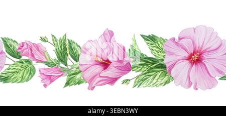 Rosafarbene Hibiskusblüten in wunderschöner Aquarellfarbe, nahtloser Rand. Handgezeichnete tropische Blütenpflanze für Blumenmotive. Realistisch detaillierte dr Stockfoto