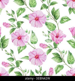 Rosafarbene Hibiskusblüten, Zweige und Knospen mit Schmetterling in nahtlosem Aquarellmuster. Handgezeichnete tropische blühende Pflanze auf weißem Hintergrund. Stockfoto