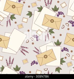 Nahtloses Muster mit Vintage-Buchstaben, Lavendelzweigen und schwarzer Johannisbeere. Elegante botanische Handwerk Schneckenpost, Briefmarken auf weichem grauen Hintergrund Stock Vektor