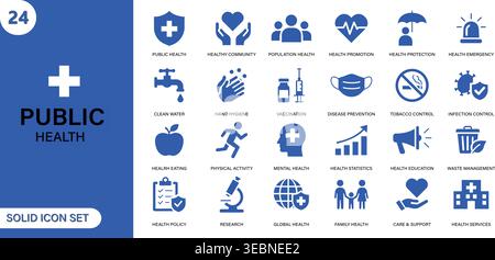 Public Health Solid Icon Set – Medizin, Gesundheitswesen, Hygiene, Impfung, Wellness Vektor Icons Sammlung Stock Vektor