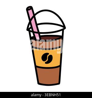 Eiskaffee in klarer Tasse mit Strohkritzel handgezeichnetem Vektor isoliert auf weiß Stock Vektor