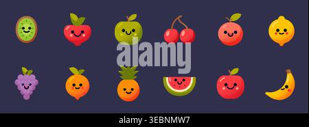Kawaii Fruchtfiguren süße Zeichentrickfiguren. Frische gesunde tropische Beeren Zitrusapfel Banane Ananas Wassermelone verspieltes Kinderdesign Stock Vektor