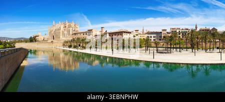 Kathedrale von Mallorca und Park mit Palmen. Parc de la Mar in Palma de Mallorca - Panorama Stockfoto