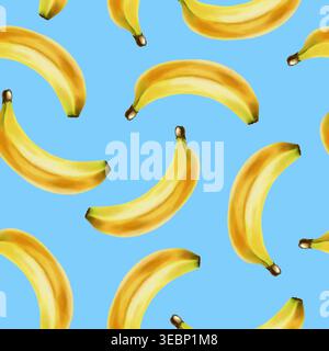 Nahtloses Aquarellmuster mit einer einzelnen gelben Banane und Bananenbündeln. Perfekt für Textilien, Tapeten, Verpackungen für Sommerküche, Küche Stockfoto