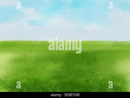 Handgezeichnete Aquarelllandschaft mit grünem Grasfeld und blauem Himmel. Minimalistischer Naturhintergrund mit Kopierraum für Text. Künstlerische Textur. Stockfoto