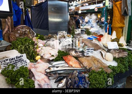 Frischer Fisch wird auf Eis an einem lokalen Meeresfrüchtemarkt präsentiert. London, UK, 29. März 2024 Stockfoto