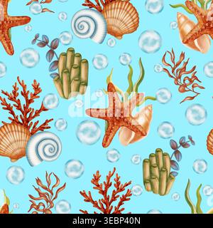 Nahtloses Meeresmuster mit Muscheln, Seesternen, Korallen, Algen und blauen Wasserblasen. Kinder-, nautische und Reisethemen. Geeignet für d Stockfoto