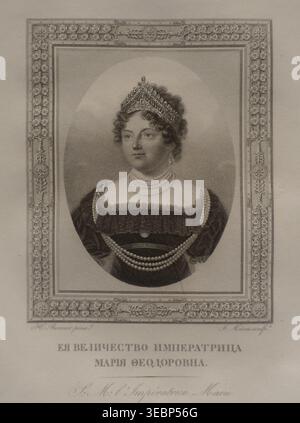 Porträt der Kaiserin Maria Feodorowna (1759-1828). 1817. Papier, Gravur. Von Mécou André Joseph (1771-1832/1837) nach dem Original von Benner Jean Henri. Maria Feodorowna (geborene Sophia Maria Dorothea Augusta Louise Prinzessin von Württemberg) Ehefrau von Kaiser Paul I., Mutter der russischen Kaiser Alexander I. und Nikolaus I. Stockfoto