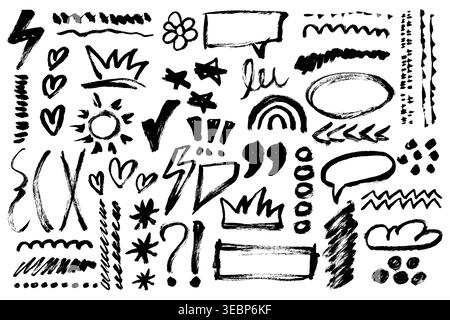 Punkmarkierung gezeichnete Formen und Doodles. Sammlung von Symbolen und Symbolen für Grunge Scribble. Pinselstriche kritzeln, Text hervorheben und Formen unterstreichen. Vektor Stock Vektor
