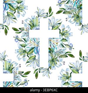 Handgezeichnetes nahtloses Aquarellmuster mit weißen Silhouetten christlicher Kreuze, eingerahmt von eleganten blauen Liliensträußen und grünen Blättern Stockfoto