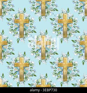Handgezeichnetes nahtloses Aquarellmuster mit goldenen christlichen Kreuzen, umgeben von üppigen Blumensträußen aus blauen Lilien und grünen Blättern. Spirituell Stockfoto