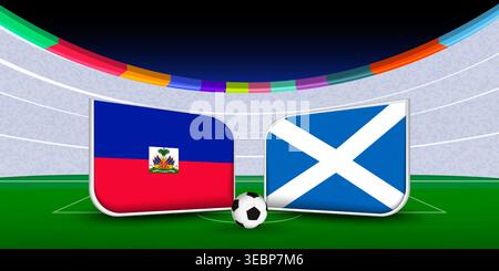 Vorschau auf das Fußballspiel von Haiti gegen Schottland. Fußballspiel-Poster mit Nationalflaggen und Stadionhintergrund. Internationales Sportturnier pro Stock Vektor